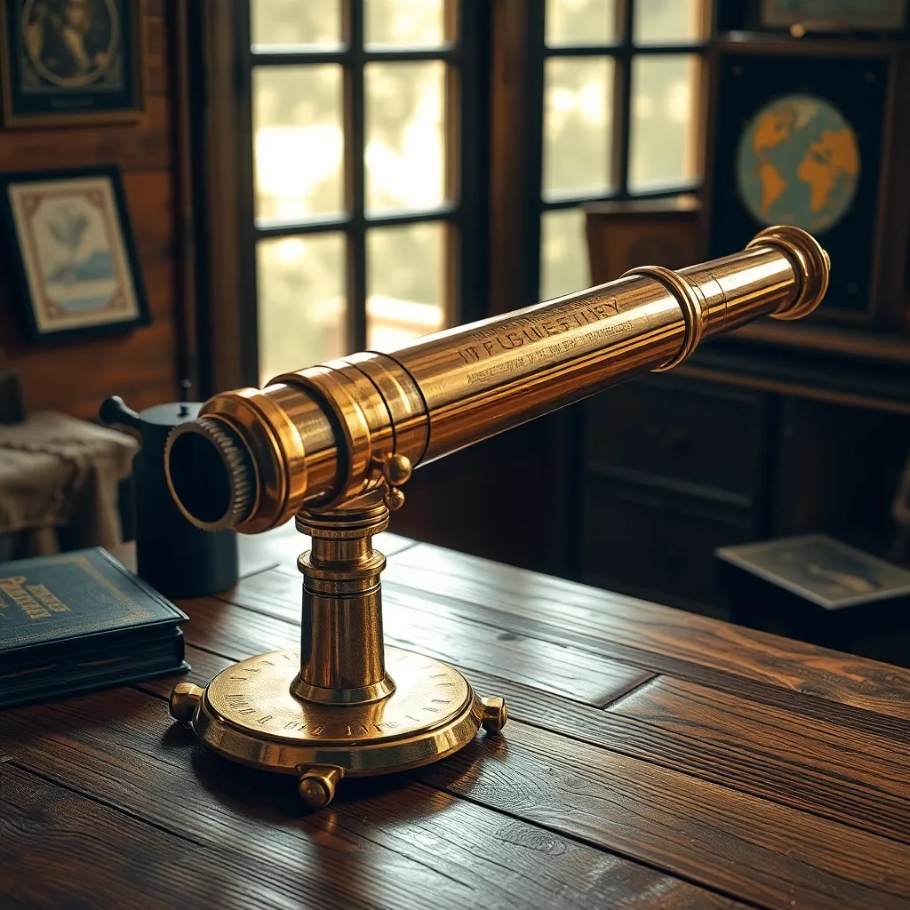 a vintage brass telescope on a wooden desk, scientific engraving style, hyper-detailed, warm morning light