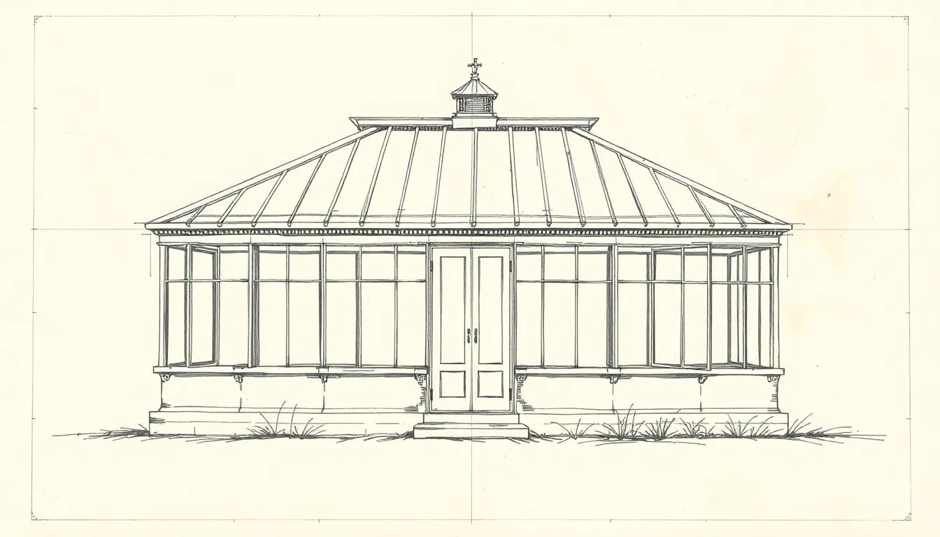 an architectural blueprint of a greenhouse on cream paper, pen and ink sketch, annotations, vintage drafting style