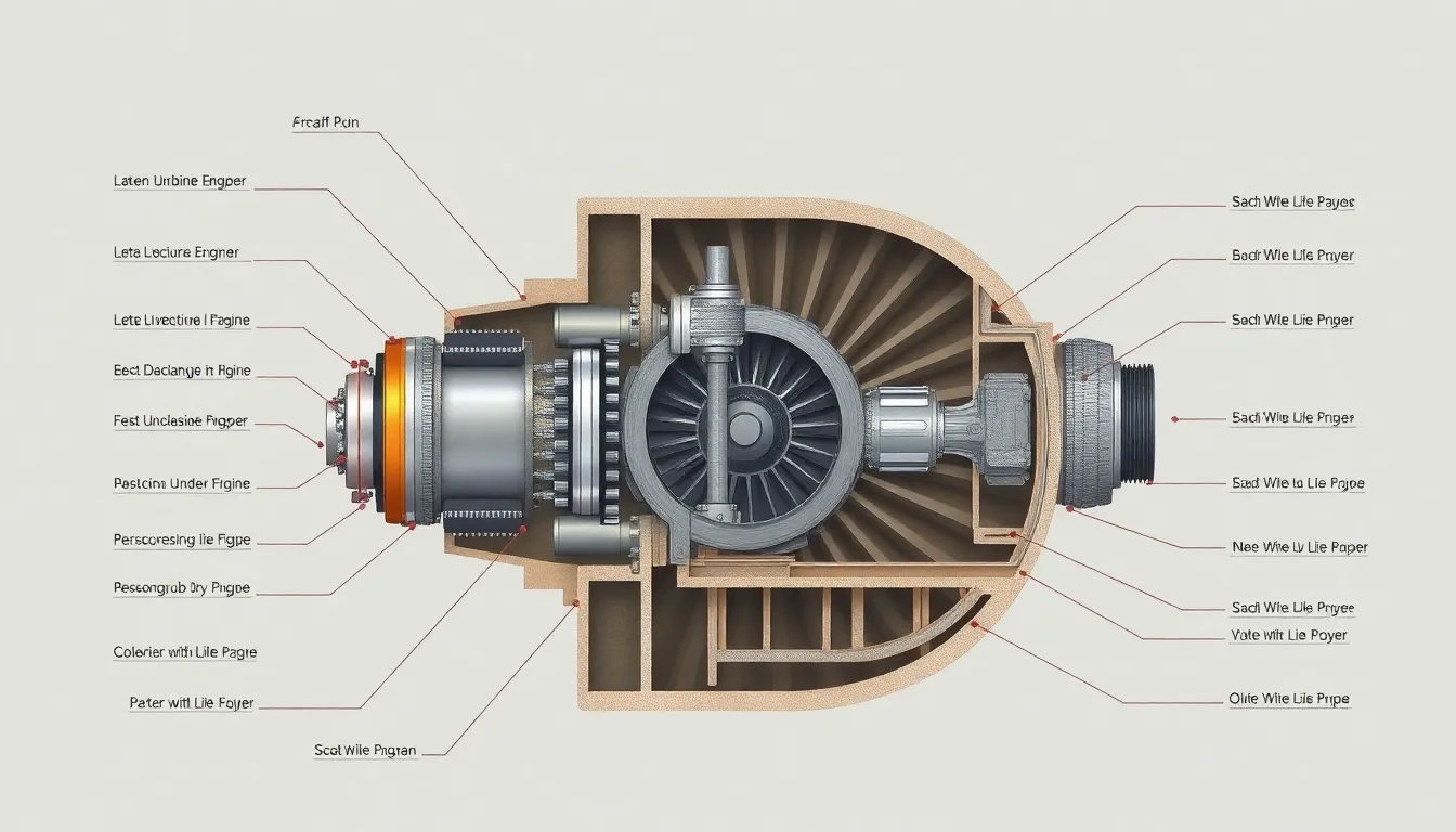 a cross-section diagram of a turbine engine, scientific illustration, muted earth tones, labeled parts