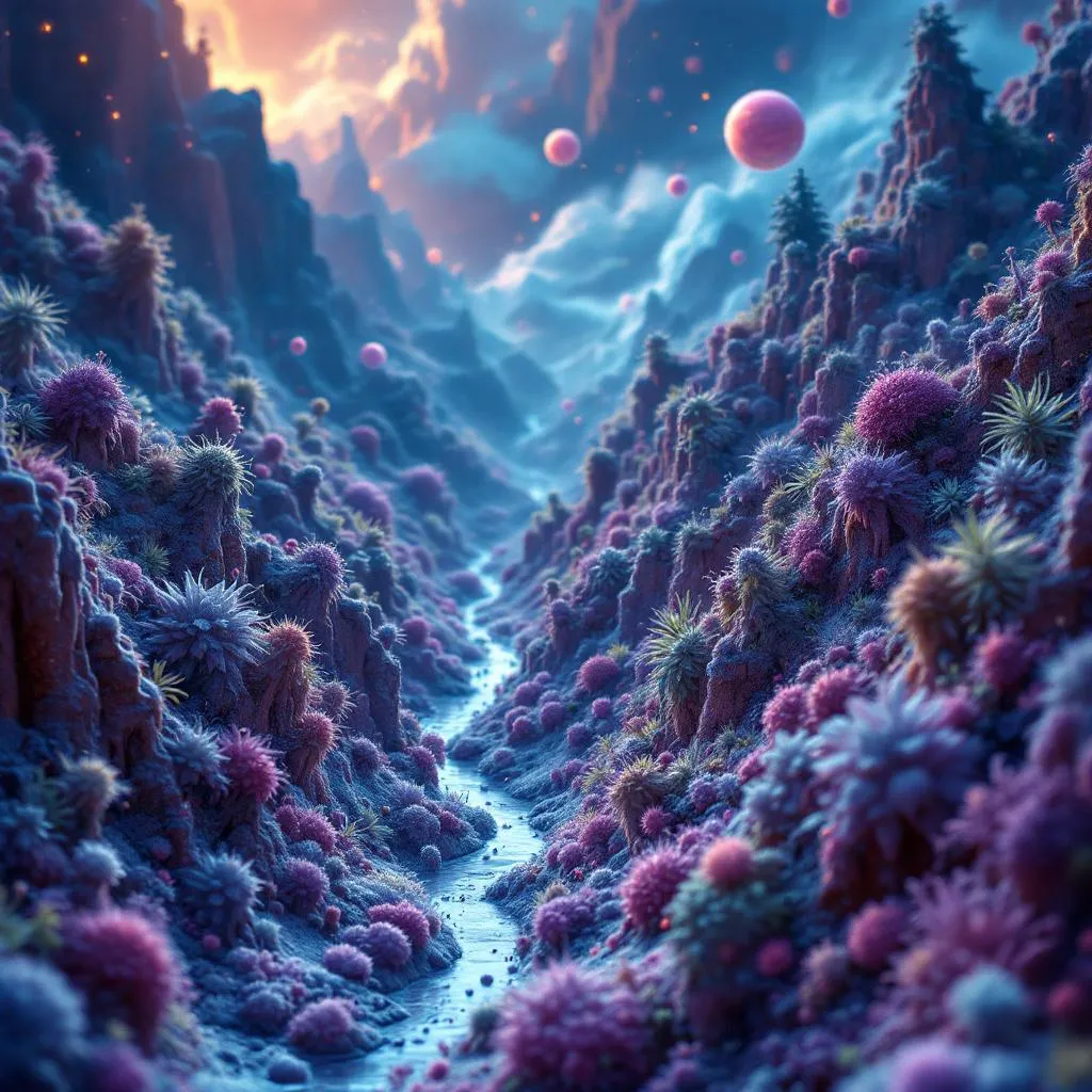 A vast micro landscape of otherwordly creatures all living at a microscopic level within the valleys of keys on a keyboard
